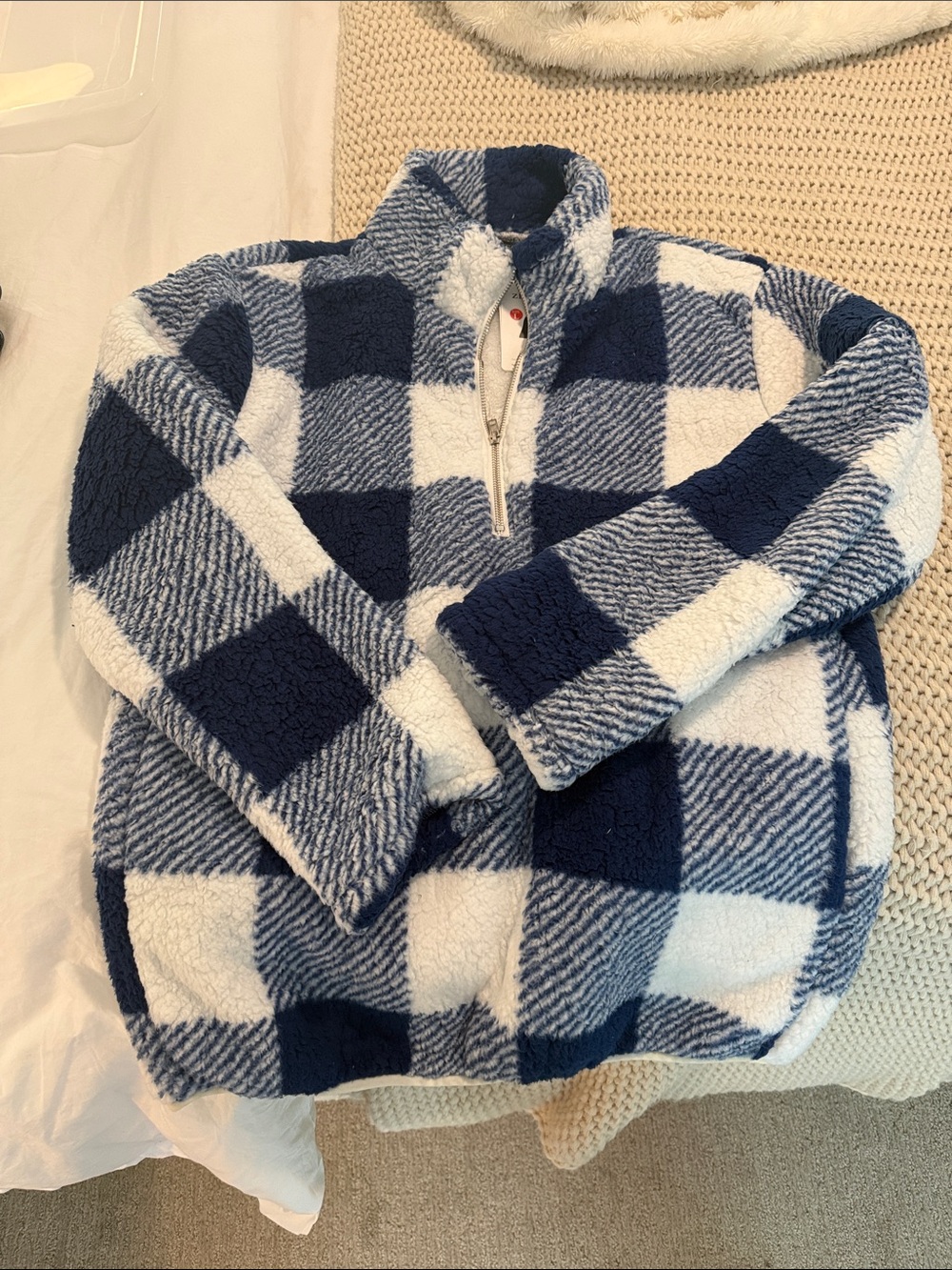Blue & White Plaid Quarter-Zip Sherpa Pullover
